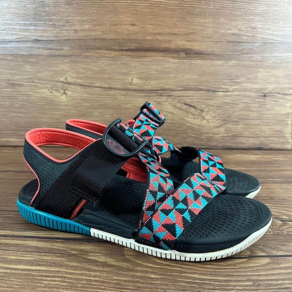 Chaco Black Sandals with Red and Teal Geometric Straps